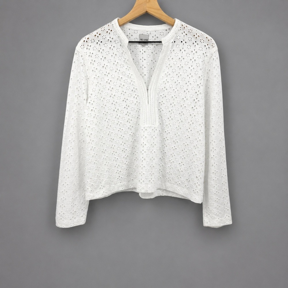 Nic+Zoe Eyelet Top Long Sleeve Cotton White L Boho Lightweight Coastal Grandma
